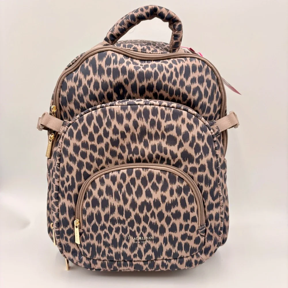 Isaac Mizrahi New York Leopard Print Laptop Travel Backpack Gold Hardware NEW